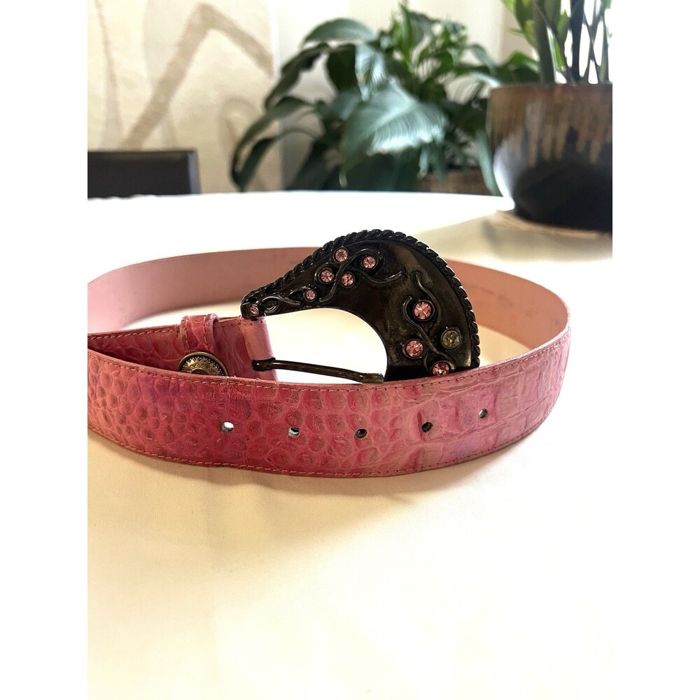 VTG Nanni Crock Embossed Pink Leather Belt Sz 32 Bling Buckle Coquette Western - Picture 5 of 8
